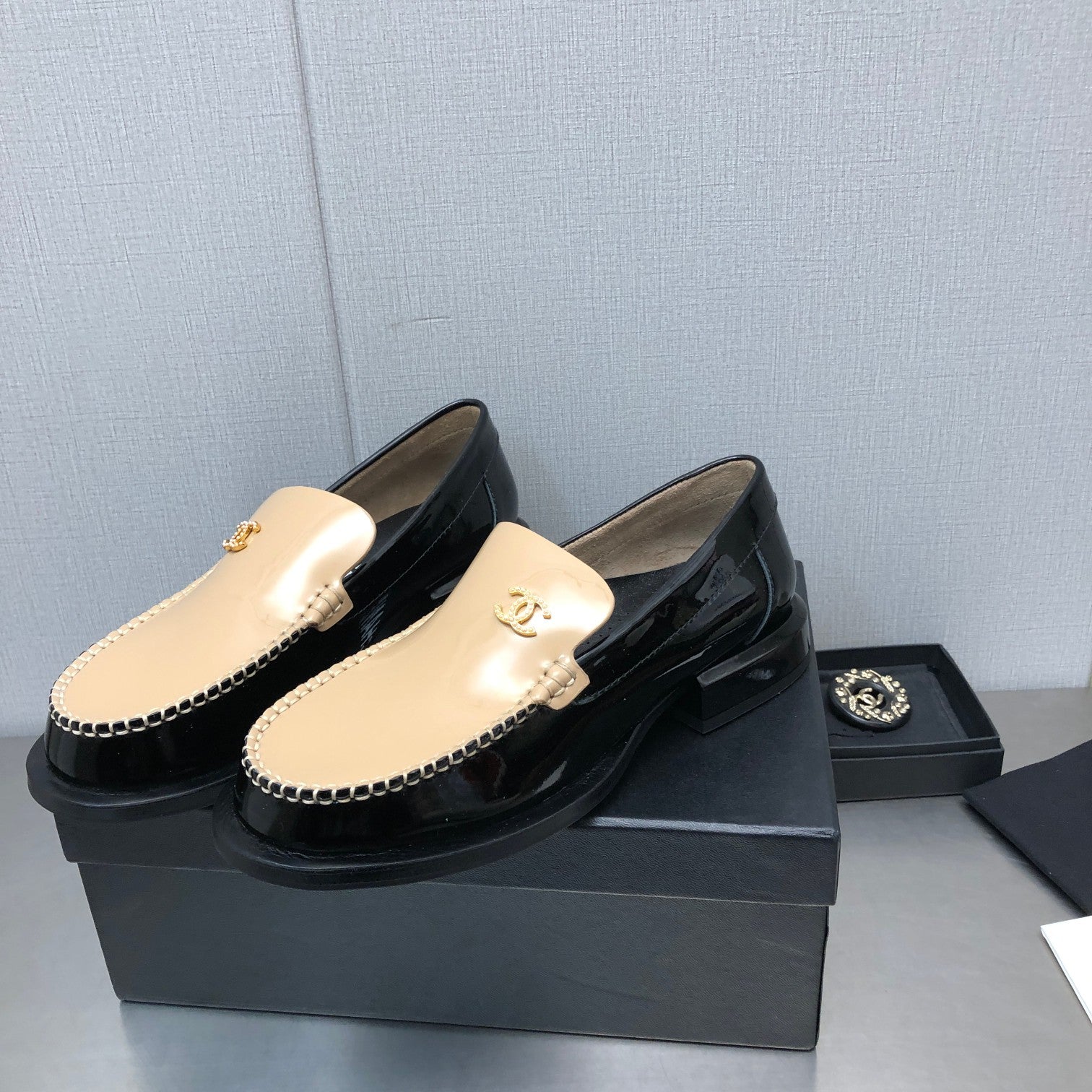 CHANEL Double C Beige Cream Loafers Sheepskin