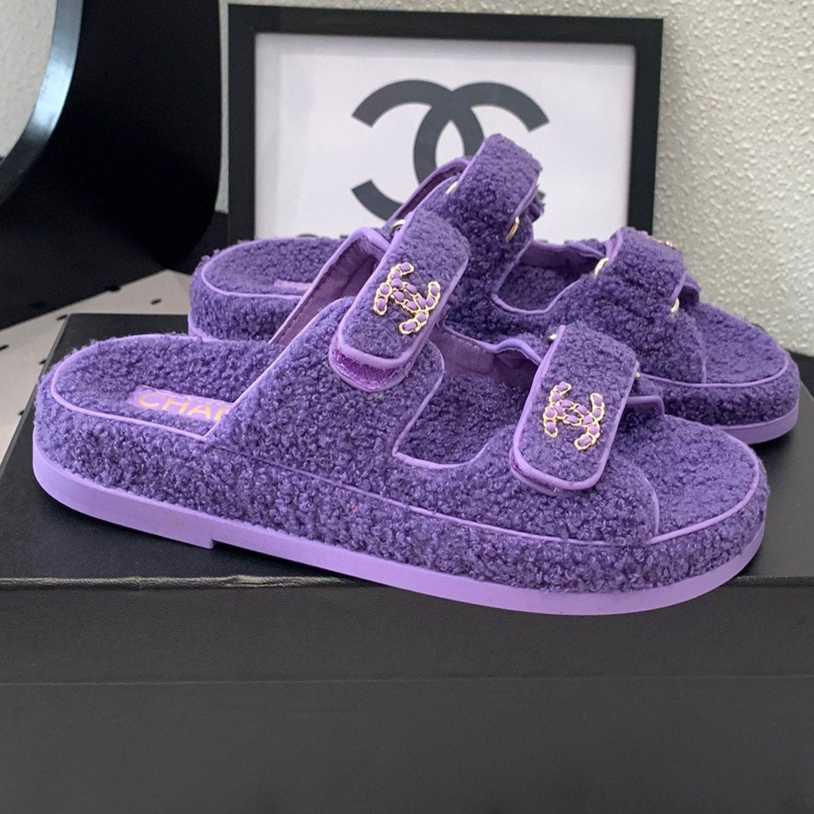 CHANEL DAD SANDAL MULE IN PLUM PURPLE LAMB FUR