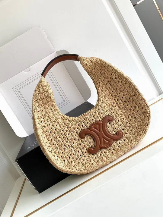 Woven Straw Hobo Bag with Leather Handle