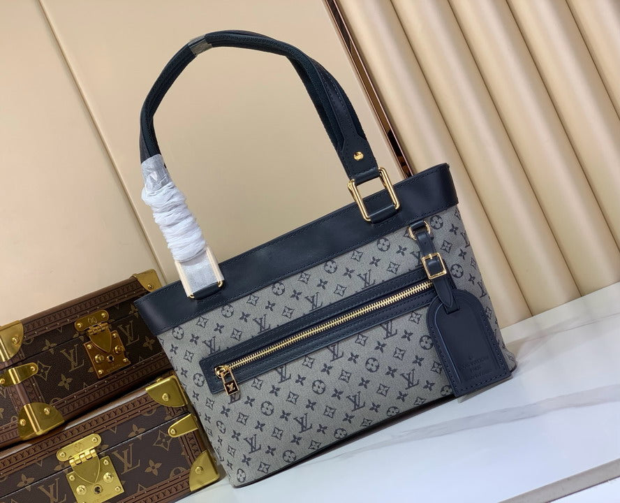 Monogram Canvas Tote Bag with Navy Leather Trim