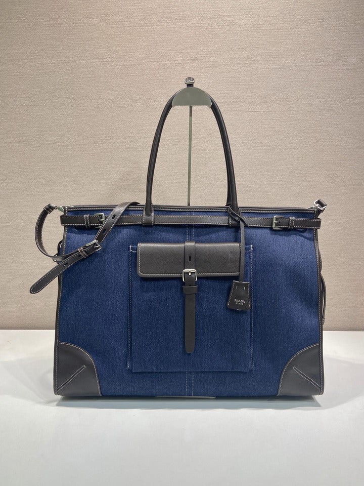 Prada Denim Large Tote Bag with Leather Trim