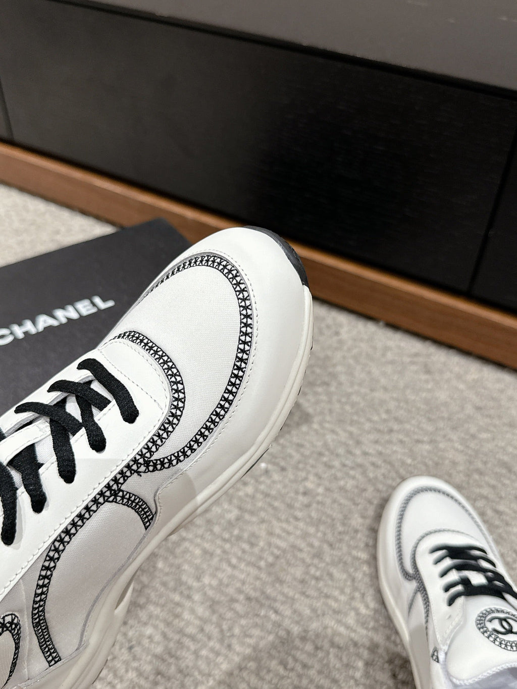 CHANEL CLASSIC TRAINER IN WHITE MIX BLACK FABRIC