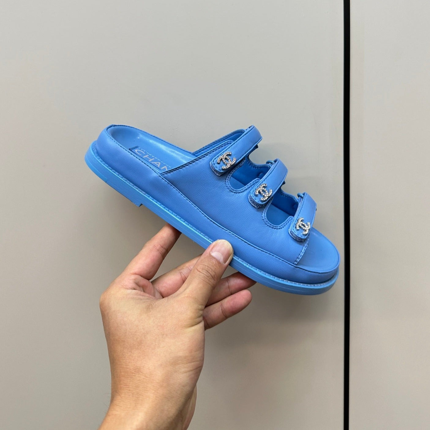 CHANEL dad sandals dodger blue 3 rows lambskin mules