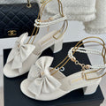 CHANEL Double C Big Bow Pearl Chain High Sandals White Lambskin